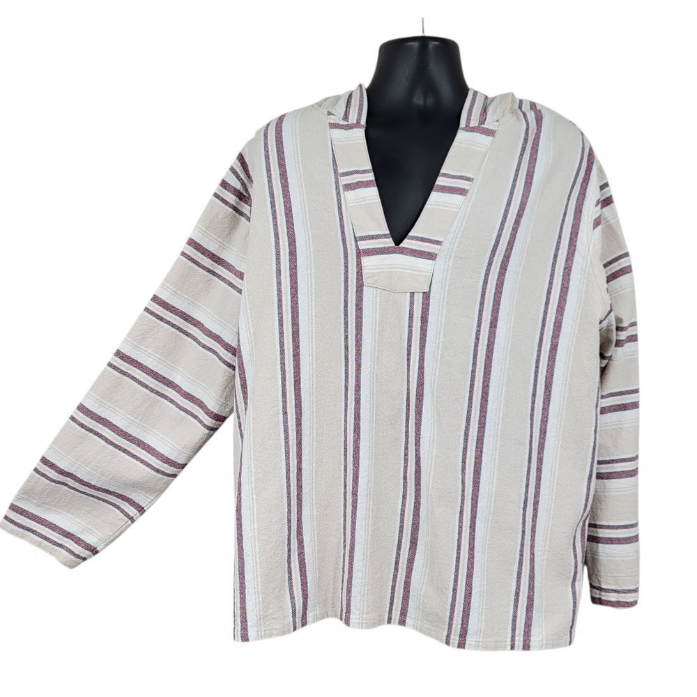 Liberty Blues Baja Hoodie Beige with Red and Navy Stripes Cotton